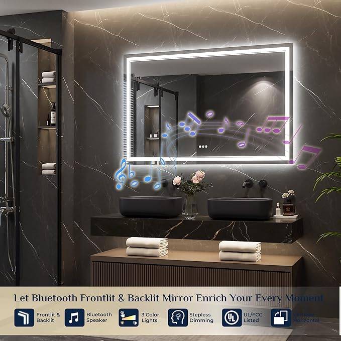 Keonjinn 55 x 36 Inch Lighted Mirrors for Bathroom Wall with Bluetooth Speaker, Frontlit & Backlit LED Bathroom Mirror, Bluetooth Mirror Bathrooms, Tempered Glass, Defogger, 3 Color Lights, Dimmable