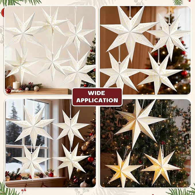 Large Paper Star Lanterns with Lights, 3D Hollow Out Christmas Paper Lanterns, 6Pcs Foldable Decorative Christmas Hanging Decorations for Xmas Wedding New Year Party Home Decor Indoor
