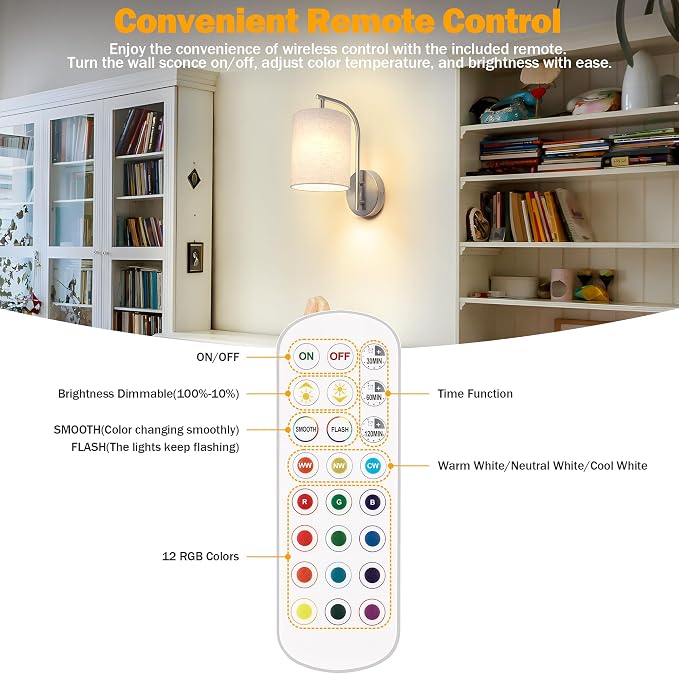 Battery Operated Wall Sconce Set of 2, Brushed Nickel Wall Light | Rechargeable Wall Mount Light Fixture, Dimmbale Bulb & Remote, 12 RGB Colors & Timer, Wireless Wall Lamp Linen Shade, Bedroom