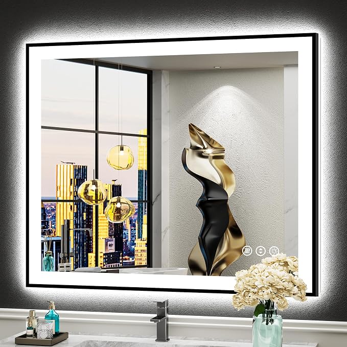 30x36 Black LED Bathroom Mirror, Backlit & Front Lit Lighted Mirror | Metal Framed Anti-Fog Vanity Mirror with Lights, 3 Color Dimmable, Memory, Tempered Glass, CRI95, IP54, Horizontal/Vertical