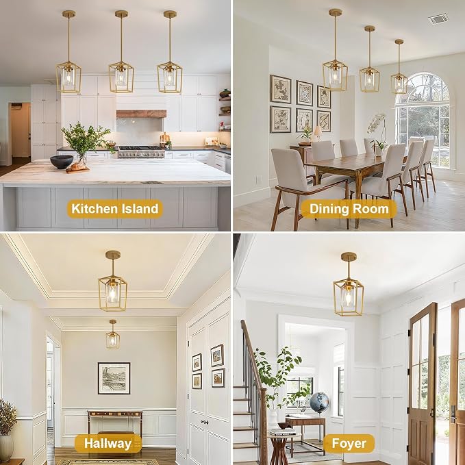 Gold Pendant Lighting for Kitchen Island, 1 Light Modern Cage Kitchen Hanging Pendant Lights with Clear Glass Shade for Kitchen Island, Dining Room, Entryway, Hallway