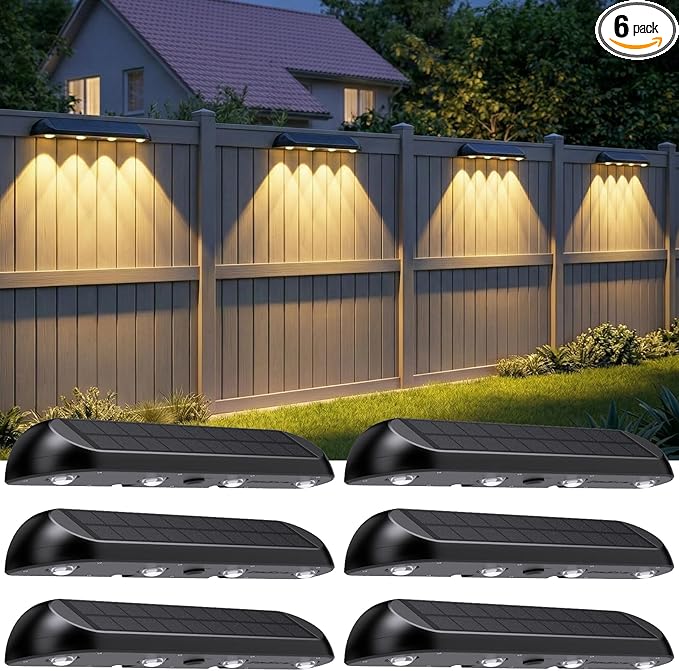 11.81inch Solar Fence Lights Outdoor Waterproof, 3-Mode (3000K/4000K/6000K),4 LED with Upgraded High-Efficiency Solar Panel & Wide Beam for Backyard/Patio/Deck/Step/Home Improvement(6 Pack)