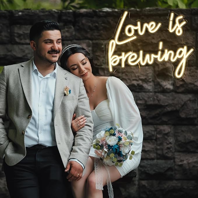 Love Is Brewing Neon Sign for Wall Decor, 15.75 x 12.2" Warm White Led Signs for Bridal Shower, USB Dimmable Neon Lights for Bedroom Home Coffee Themed Bar Wedding Engagement Party