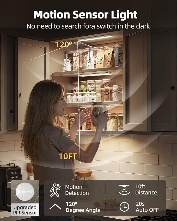 Under Cabinet Lights, Closet Lights Motion Sensored | 6-Pack, 1800mAh Rechargeable Battery, Wireless, Magnetic, Timer, 3 Color Temps, Kitchen, Closet