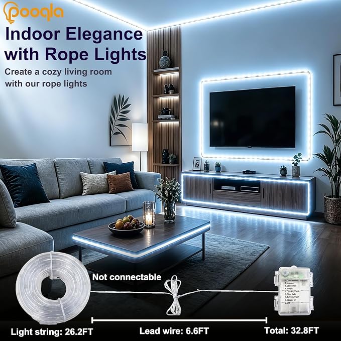 Rope Lights Outdoor, 2 x 100LED Cool White Battery String Lights | Rope Lights Outdoor with 8 Modes Remote&Timer, Waterproof Battery Operated Camping Lights for Car Trampoline