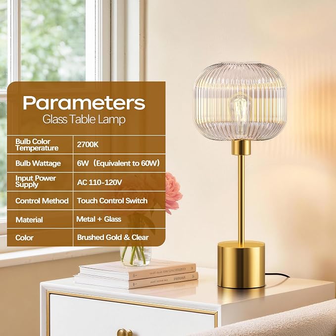 Glass Table Lamp for Living Room, Modern Gold Clear Bedroom Bedside Lamp | LED Bulb Included, Large Ribbed Glass Shade, 3-Way Dimmable, Touch Control, Brushed Gold, Nightstand Lamp, 2700K Warm Light