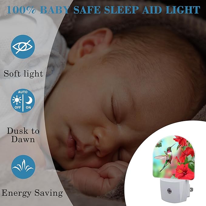 Hummingbird on Lossoming Red Flower Night Light Plug into Wall with Dusk to Dawn Sensor Cute Nightlight for Kid Girls Boys Women Men Room Decor, Hallway, Kitchen, Bathroom, Nursery, Stairs