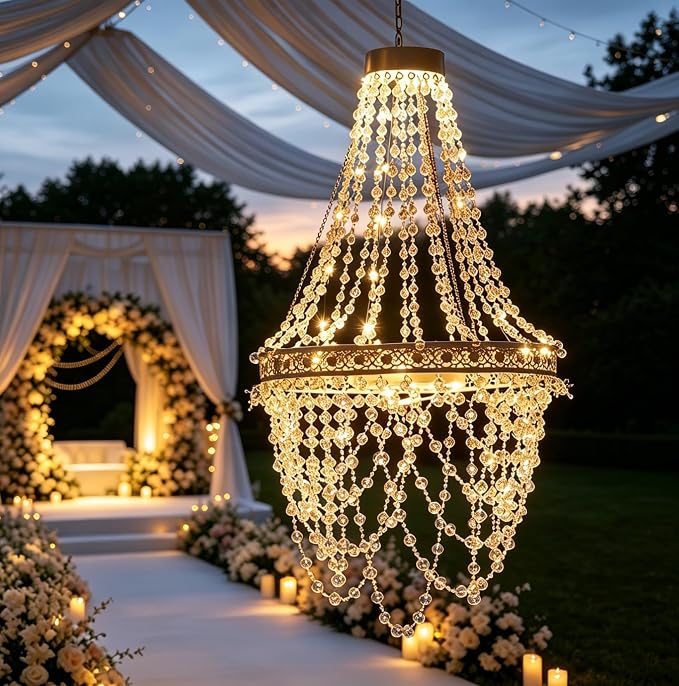 Solar Hanging Crystal Chandelier Outdoor Decorative Garden Light | Acrylic crystals with 54 warm LEDs powerful solar battery for elegant, waterproof garden gazebo, party, wedding, tree decor