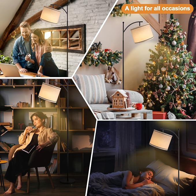60" Floor Lamp for Living Room with 3 Color Temperatures, Beige Lampshade with Black Stripes, Tall Lamp for Bedroom Office, 9W Bulb Included