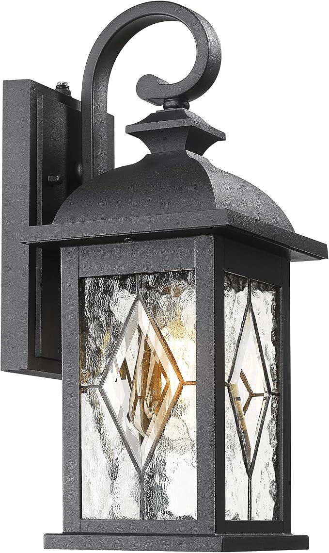 FEMILA Dusk to Dawn Outdoor Front Porch Light, 15" Exterior Waterproof Wall Light Fixtures, Matte Black Finish with Hammered Glass, E26 Socket, 4FD54B-PC BK-SD