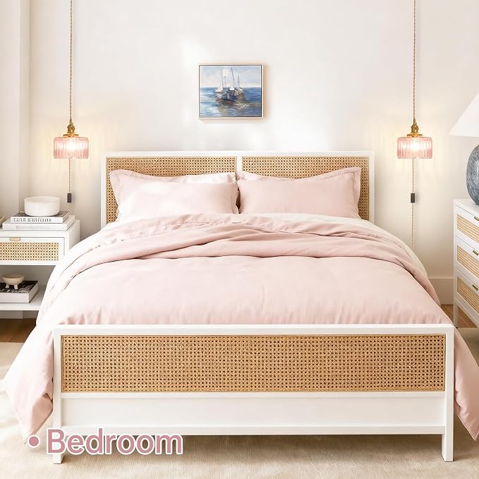 Shenmoyl Plug in Pendant Light Hanging Light Fixtures with Plugin Cord On/Off Switch,Pink Striped Glass Lampshade Brass Pendant Light
