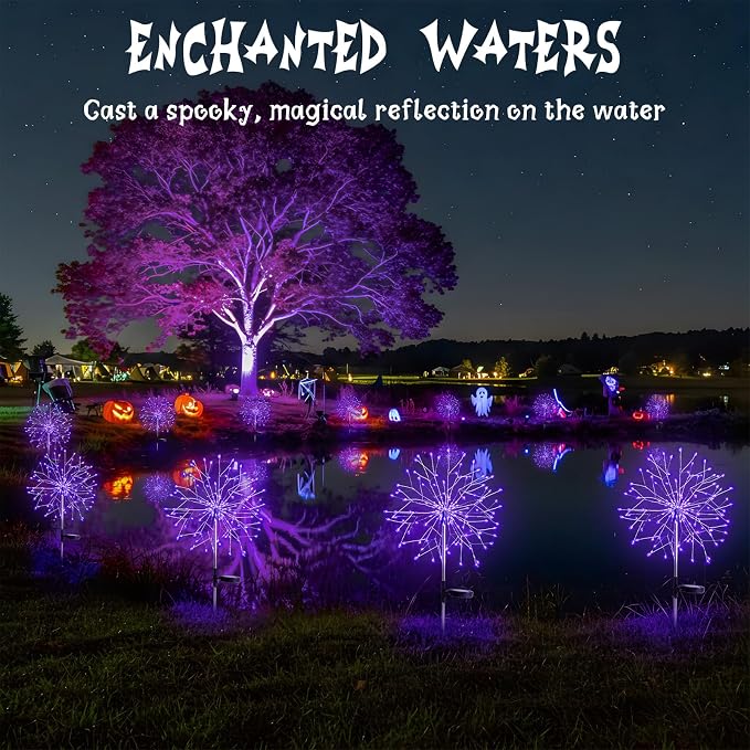 2 Pack Purple Halloween Lights Outdoor, 150LED Purple Solar Garden Lights with 8 Modes, Waterproof Solar Firework Light for Halloween Yard Garden Decorations