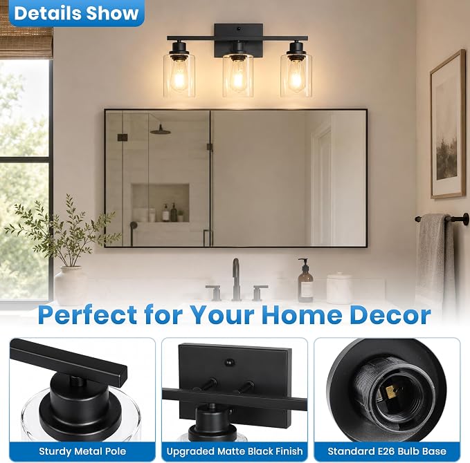 Ascher 3 Light Bathroom Light Fixture, Matte Black Bathroom Lighting Fixtures Over Mirror, Vanity Light with Clear Glass Shade, Wall Sconce for Living Room Bedroom Cabinet, E26 Base
