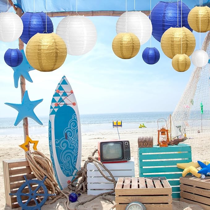 21 Pcs Navy Blue Paper Lanterns Party Decorations, 4/6/8/10 Inch Round Chinese Hanging Paper Lanterns for Wedding, Birthday, Baby Shower, Graduation, Classroom Ceiling Decorations Indoor Outdoor