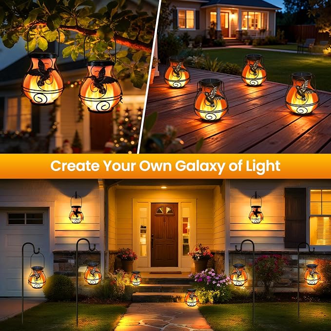 2 Pack Solar Lanterns Outdoor Waterproof , Metal Hummingbird Flickering Flame Solar Lights, Hanging Decorative Lantern for Patio Garden Porch, Gifts for Women, Mom