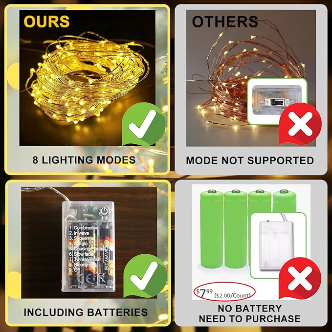 Fairy Lights Battery Operated (Included), 8 Modes & Auto Timer, 2 Packs 5m 50Led Warm White Mini Twinkle Silver Wire Firefly Starry Lights, Waterproof Battery Operated Lights for Tree Bottle