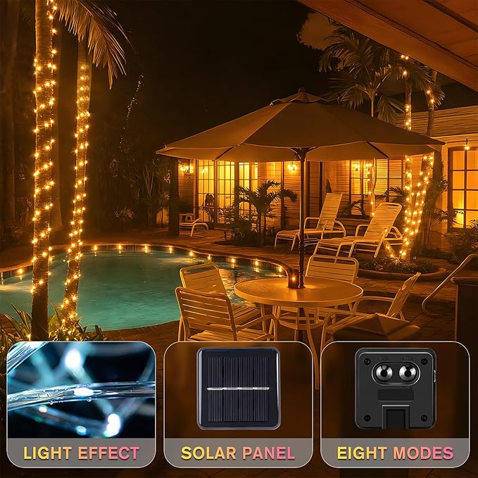 ANJAYLIA 33FT 100 LED Solar Rope Lights Outdoor Waterproof, Solar Powered Rope String Lights with 8 Modes for Outdoor, Patio, Garden, Camping, Holiday & Christmas Décor Warm White