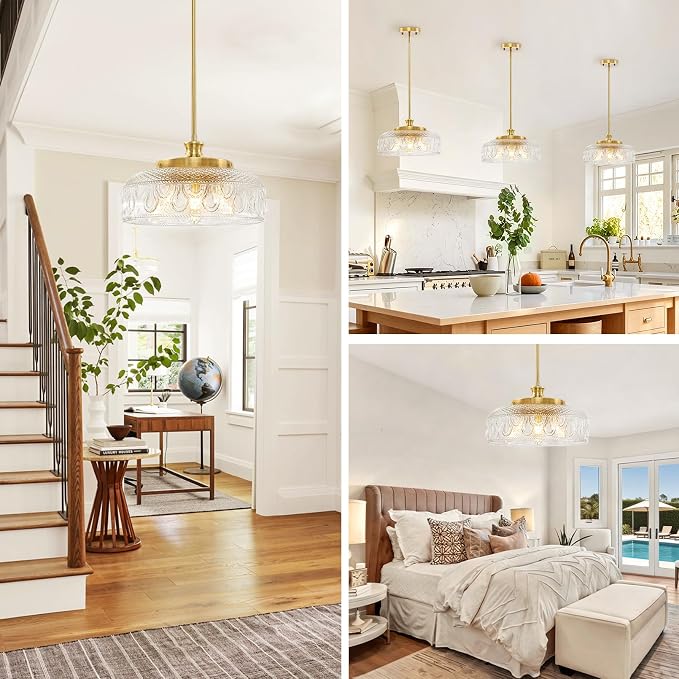 Lamomo 3-Light Adjustable Pendant Lights Kitchen Island, 12in Brushed Gold | Modern Clear Glass Ceiling Mount Hanging Lighting Fixture, Vintage Brass Drop Lights for Bathroom Hallway Bedroom Dining Room