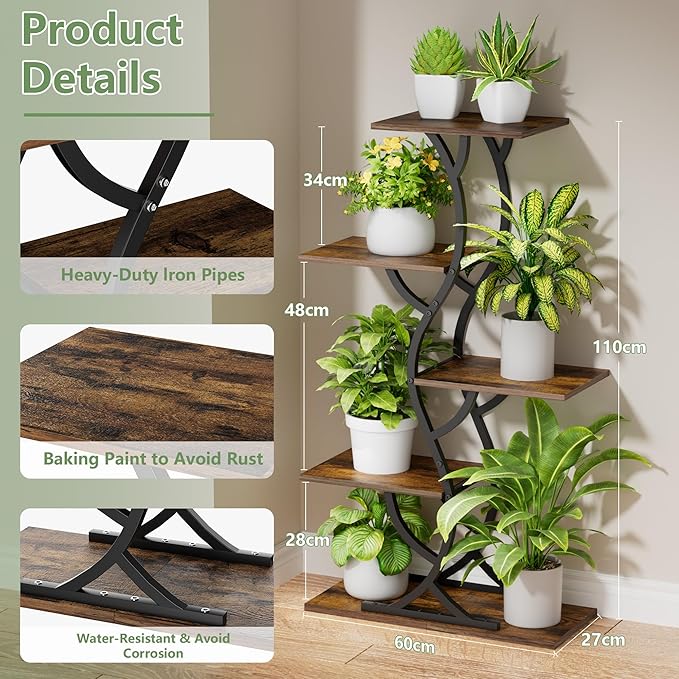Plant Stand Indoor with Grow Lights - 44" Tall Corner Plant Stands for Indoor Plants, 5 Tiered Metal Plant Shelf, Curved Plant Flower Holder Dispaly Rack for Living Room, Home Patio Balcony (Black)