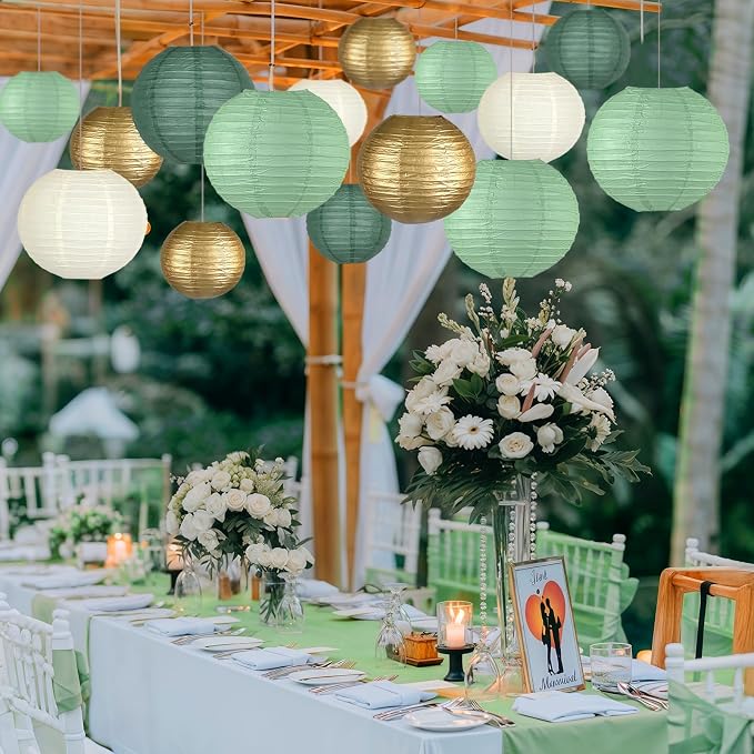 15-Pack Sage Green Gold Paper Lanterns Party Decorations | Assorted 6, 8 & 10-Inch Hanging Lanterns for Baby and Bridal Showers, Graduations, Weddings, Birthdays and Outdoor Receptions