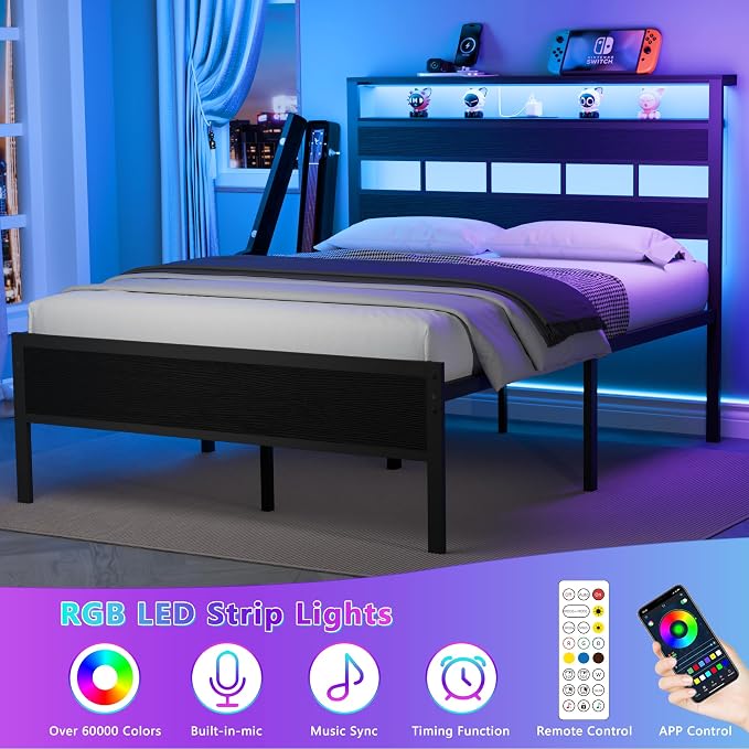 Full Size Bed Frame, Storage Headboard, LED & Charger, Black Oak | Metal Platform Bed with Heavy Duty Slats Support, 2-Tier Wood Shelf,USB & Type-C Ports,Noise-Free,No Box Spring,Easy Assembly