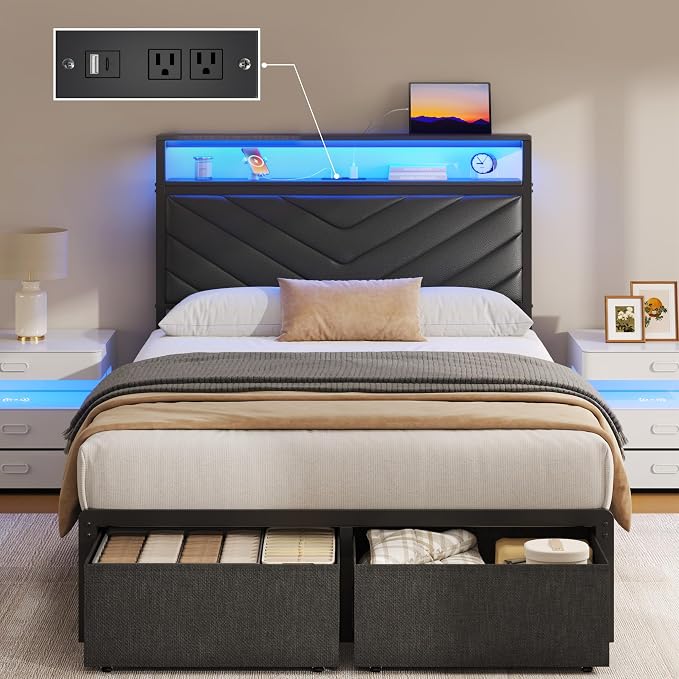Fluest Twin Bed Frame with Storage Drawers, Upholstered Headboard with Charging Station, LED Lights, Fabric Drawers with Wheels, Under Bed Storage, No Box Spring Needed, Easy Assembly, Black