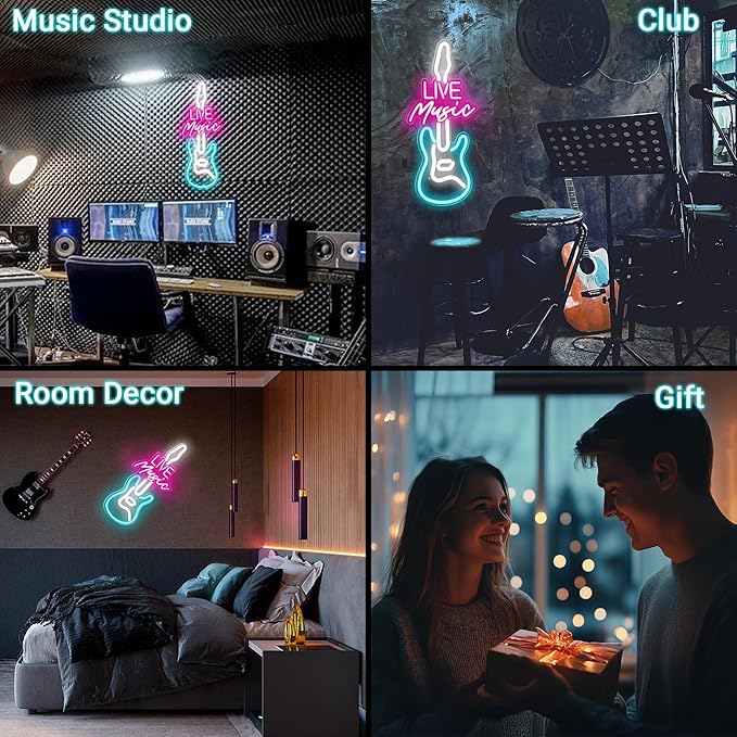 Kavaas Live Music Neon Sign for Wall Decor, LED Guitar Shaped Sign for Music Studio, Bar, Bedroom, Party, Man Cave - Best Gifts for DJs Enthusiast, Birthday, Christmas