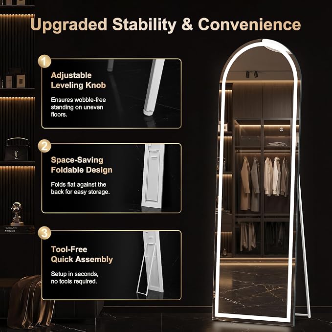 LED Arched Full Length Mirror, 65"x21" Full Body Mirror with Lights, Dimmable & 3 Color Lighting, Standing/Leaning/Wall Mounted Vanity Mirror for Bedroom, Dressing Room, Living Room