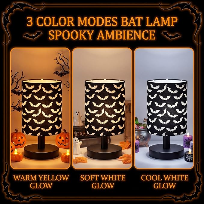 Halloween Bat Kids Table Lamp for Bedroom Kids Bedside Lamp with Linen Wooden Nightstand Cartoon Nursery Lampshade for Girls Boys Living Room