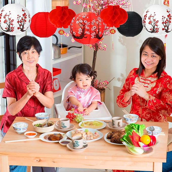 Tuanse 30 Pcs Chinese Japanese Paper Lanterns with LED Light, 2026 Chinese Lunar New Year Decoration Cherry Blossom Red Hanging Lanterns for Spring Festival Home Decor(Multi Size,Red, White, Black)