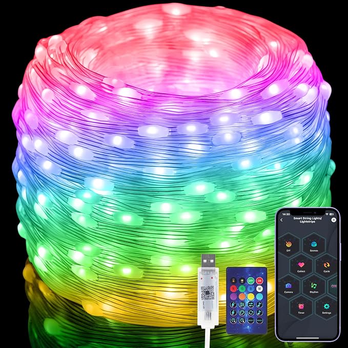 Fairy Lights 66FT/20M, 200 LEDs RGB Smart IC Multicolor String Lights | APP & Remote Control, Music/Voice Sync Color Changing, IP67 Waterproof String Lights for Bedroom, Party, DIY