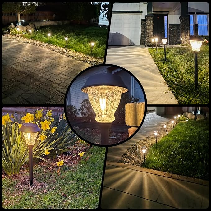 XMCOSY+ Solar Pathway Lights Outdoor, Warm White Landscape Lighting, 8 Pack | Crackled Glass Metal Garden Lights, IP65 Waterproof, Soft 2700K LED, Auto On/Off Landscape Lights for Path, Yard, Walkway