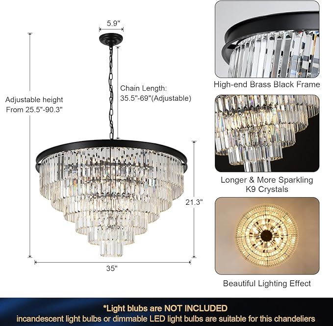 35'' Large Crystal Chandeliers 6-Tier Modern Black K9 Crystal Ceiling Pendant Light 22-Light Luxury Round Crystal Chandelier for High Ceiling Entryway Staircase Living Room Foyer