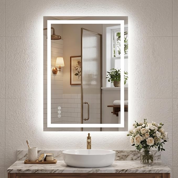 Antok 24x32 LED Bathroom Mirror with Lights, Backlit + Front Lit Vanity Mirror with CRI>90, Dimmable Anti-Fog Smart Mirror with Memory Function, 3 Color Temperatures, Shatterproof Tempered Glass, ETL