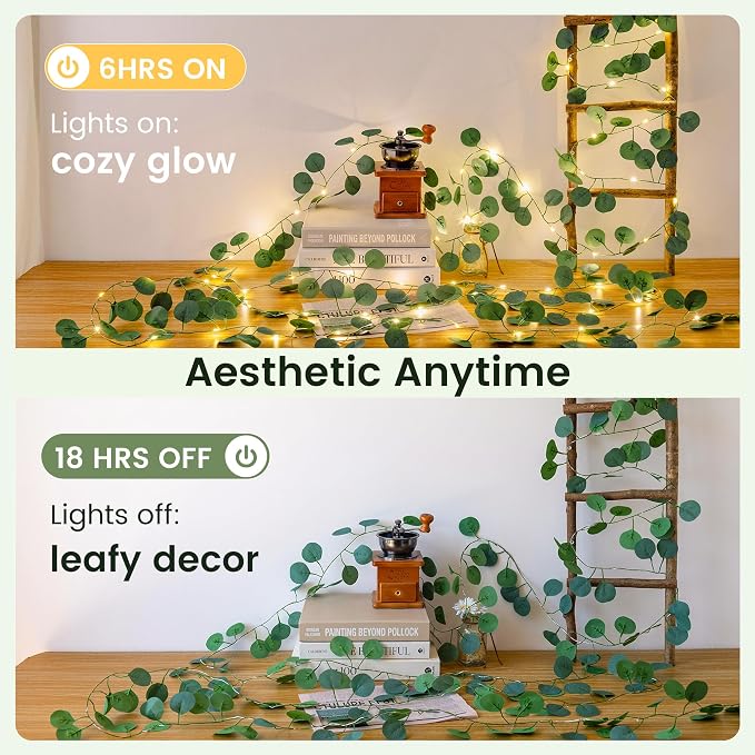 HEYFUNi 23FT Eucalyptus Garland with Fairy Lights, USB & Battery | 73 Leds, Timer & Memory & 8 Modes, Greenery Eucalyptus Leaf Vine Lights For Bedroom, Wall, Wedding, Party, Summer Dorm Decor