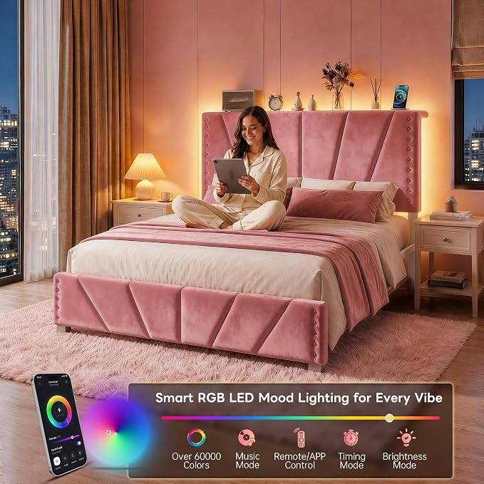 EnHomee Full Size Bed Frame with LED Lights & USB, Noise-Free, Pink | Adjustable Velvet Headboard，Under-Bed Storage，Heavy Duty Support with 12 Slats，No Box Spring Needed，Easy Assembly for Bedroom