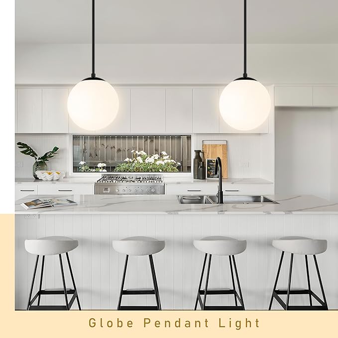 10" Globe Pendant Light Black 2 Pack Mid Century Pendant Light Globe Pendant Lights Kitchen Island Matte Black Finished with Milk Glass Adjustable Ceiling Light Fixtures for Dining Room Bar