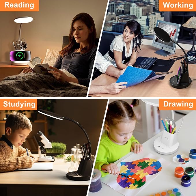 LED Desk Lamp with Wireless Charger for Home Office, White | 3 Color Modes Dimmable Eye-Caring Study Desk Light for College Dorm Room, 360° Flexible Arm, Built-in Pen Holder, 800 Lumen
