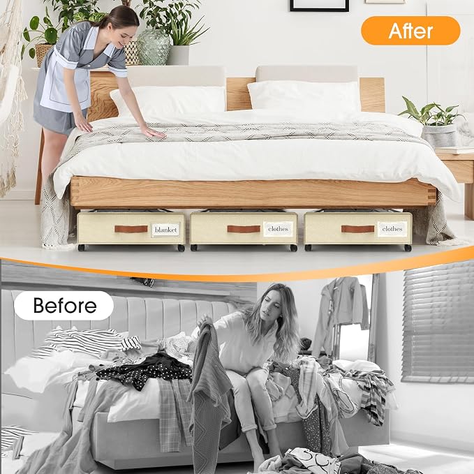 Under Bed Storage with Wheels 3Pack Storage Containers with Clear Window | Under Bed Drawers Rolling Under Bed Storage for Clothes,Shoes, Blankets (30.71 x 16.93 x 6.69 in, Beige)
