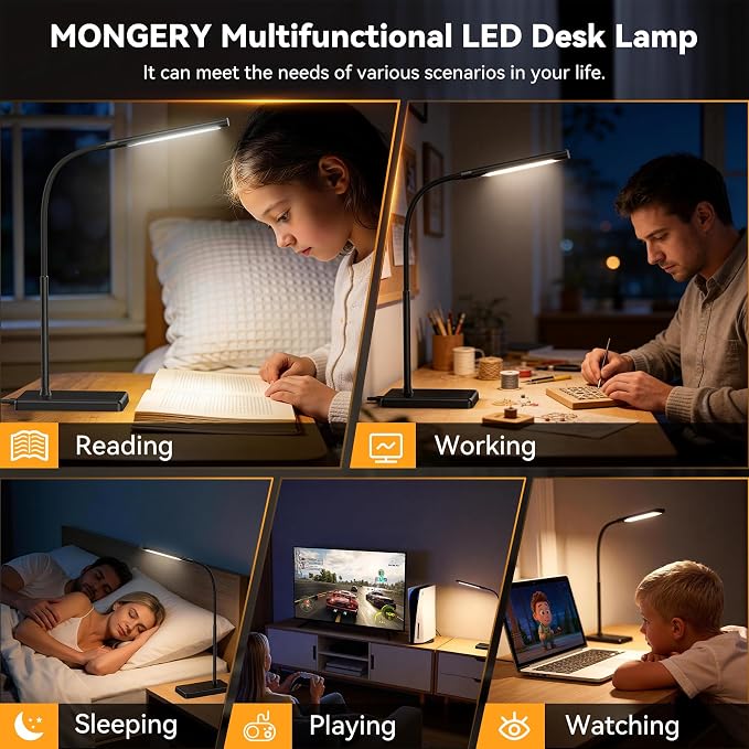 LED Desk Lamp, Eye-Caring Table Lights for Home Office | Touch Control Desk Lamp, 5 Color & 6 Brightness Levels Dimmable Lamp with Memory Function 1h Timer