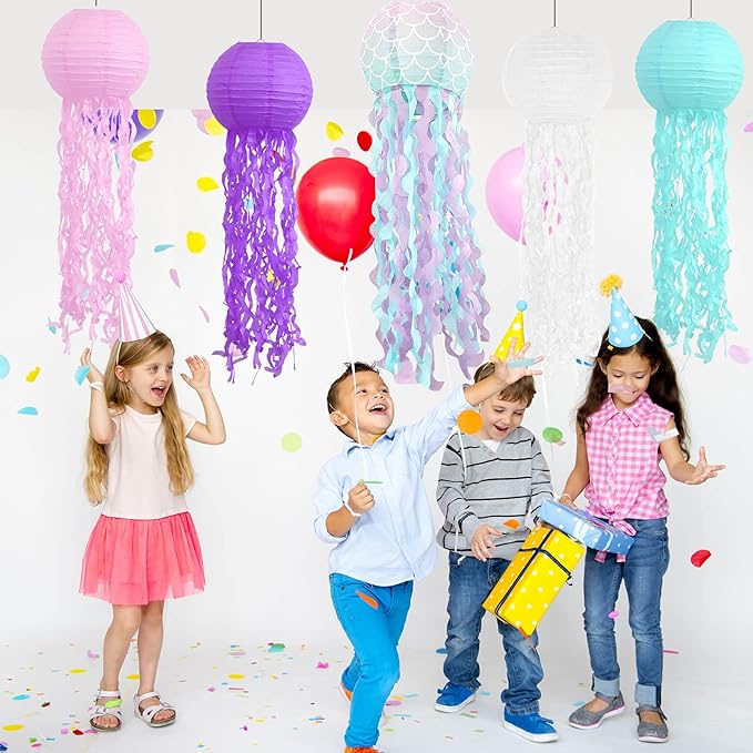 ADLKGG Hanging Jelly Fish Paper Lanterns, Pink Purple Blue White Paper Lanterns for Mermaid Theme Party Under The Sea Ocean Birthday Decorations, Set of 5