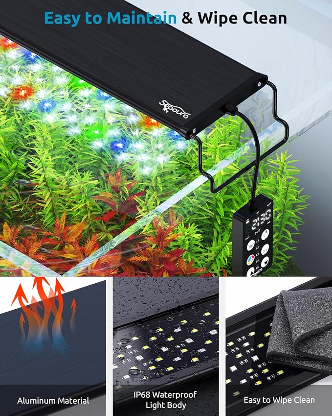 SEAOURA Aquarium LED Light with 24/7 Timer for 24-30in Fish Tank | high PAR LEDs for plant growth, 3 timers + memory, 20 dimming, 15min fade, adjustable brackets, slim aluminum