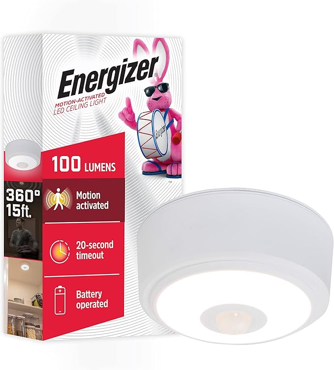 Energizer Motion Sensor Ceiling Light, Battery Operated, 100 Lumens | 15 Foot Motion Detection, Hands Free Lighting for Closet, Pantry, and Utility Room, Wireless Ceiling Light Fixture