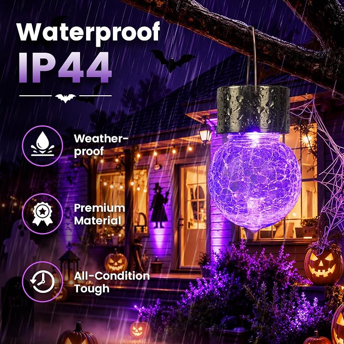 GIGALUMI Solar Hanging Lights Outside Halloween Decoration Lanterns 8 PC | Purple, Halloween, Solar Powered, Waterproof, Decorative, Crackle Glass, Graden&Tree Decoration, Gifts for Women, Ornaments