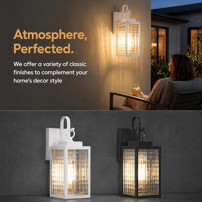 2-Pack 11.8-Inch White Dusk to Dawn Porch Light, All-Metal Frame | Auto On at Dusk, Off at Dawn, Checkered Glass, Soft Glow, Rust-Resistant All-Metal, DIY Install on Porch, Garage