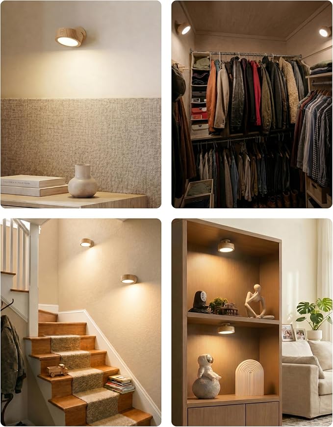 EZVALO LED Wall Mounted Light, 3000mAh Rechargeable Cordless Wall Sconce, Dimmable with Remote & Touch Control, 3 Color Temps, 360° Rotatable for Bedroom, Bedside, Reading(Wood, 2Pack)
