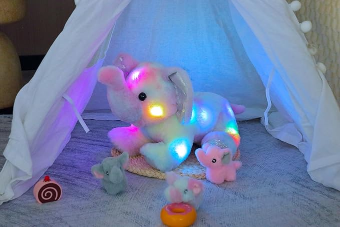 Hopearl LED Plush Colorful Elephant Light up Stuffed Mommy Elephant with 3 Baby Elephish in her Tummy Floppy Stuffed Animal Playset Night Lights Glow in the Dark Birthday Gifts for Toddlers, 18''