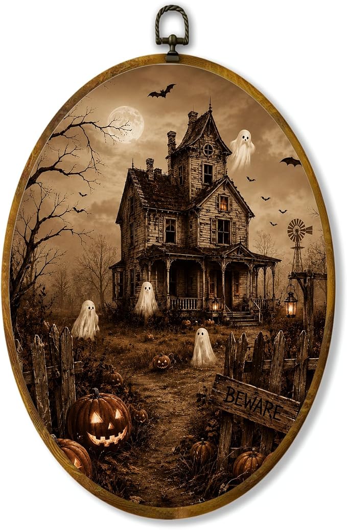 Haunted House Ghost Oval Wall Art, Framed Canvas Decor, 8.5x11.5 Inch | Haunted house, floating ghosts, bats, pumpkins and Beware sign Halloween decor