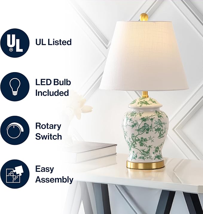 JONATHAN Y Penelope Ginger Jar 22" LED Table Lamp, White/Green | Chinoiserie, Ceramic Metal Construction, French Country Traditional, Linen Empire Shade, Brass Gold, LED Bulb Included