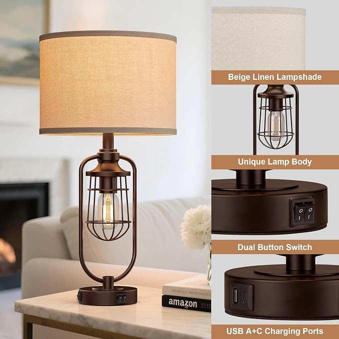 Table Lamps for Living Room Set of 2, Farmhouse Lamps for Night Stands, Industrial Bedside Lamps for Bedroom Nightstand with USB A+C, Bulbs Included